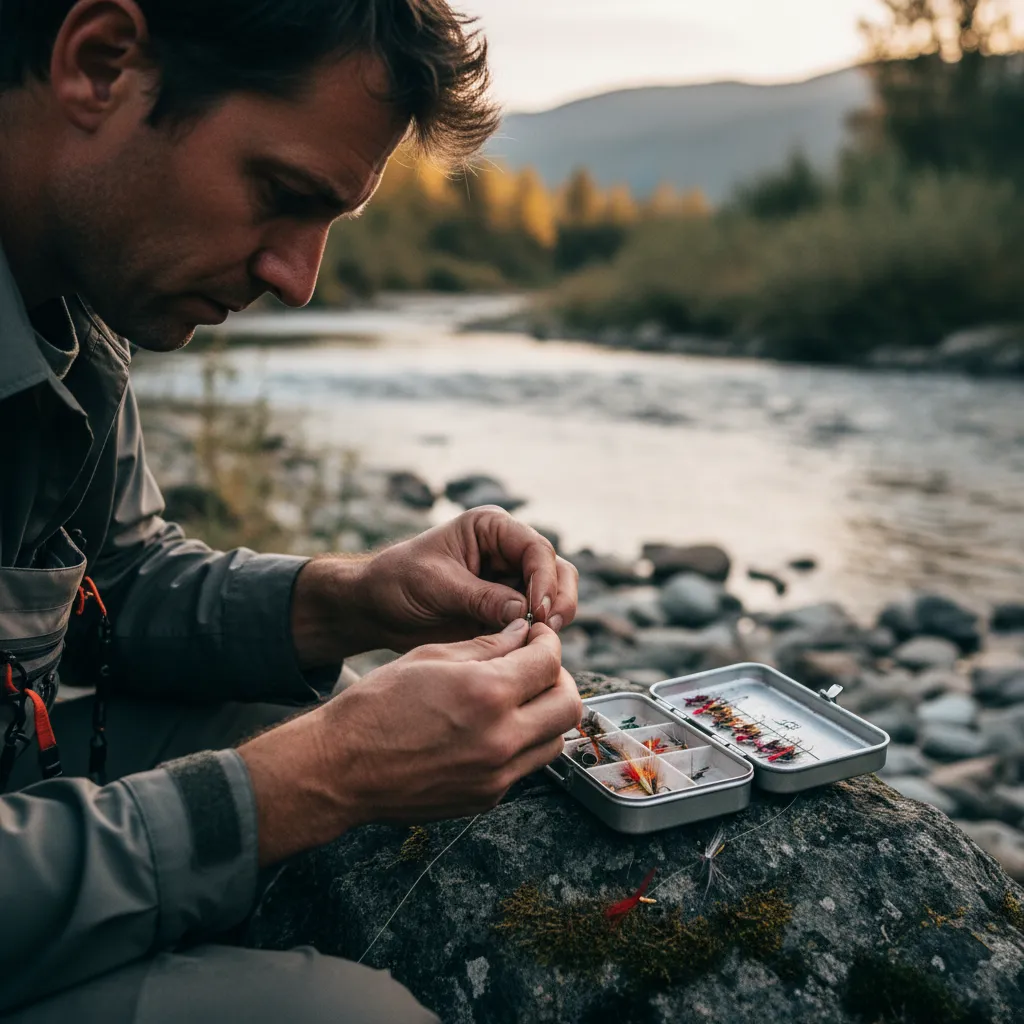 Guide tying a fly on the riverbank of a spring creek