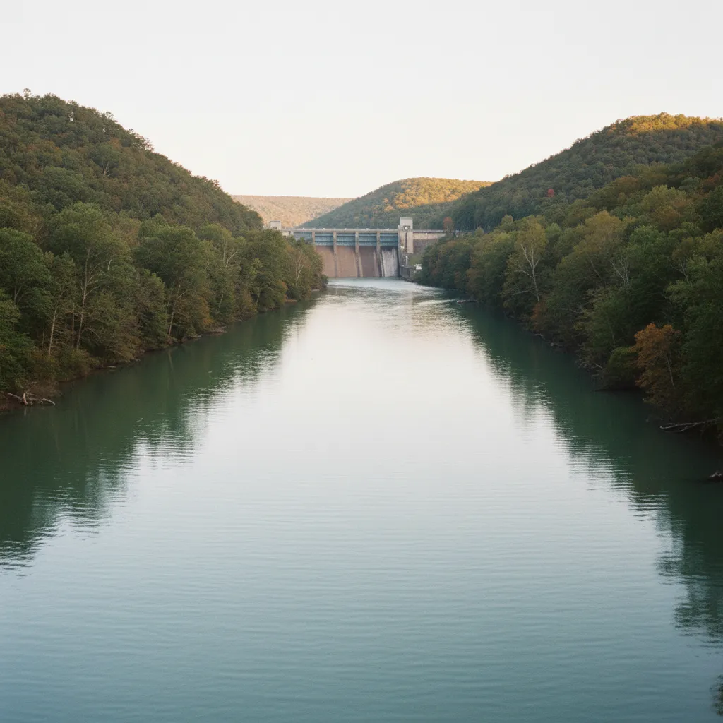 Cold clear tailwater of the White River in Arkansas with Ozark hills in the background