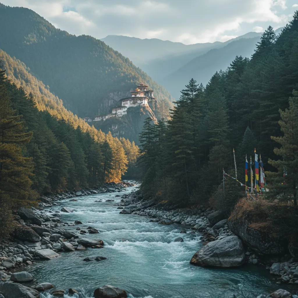 Clear Himalayan river in Bhutan flowing past a Buddhist monastery