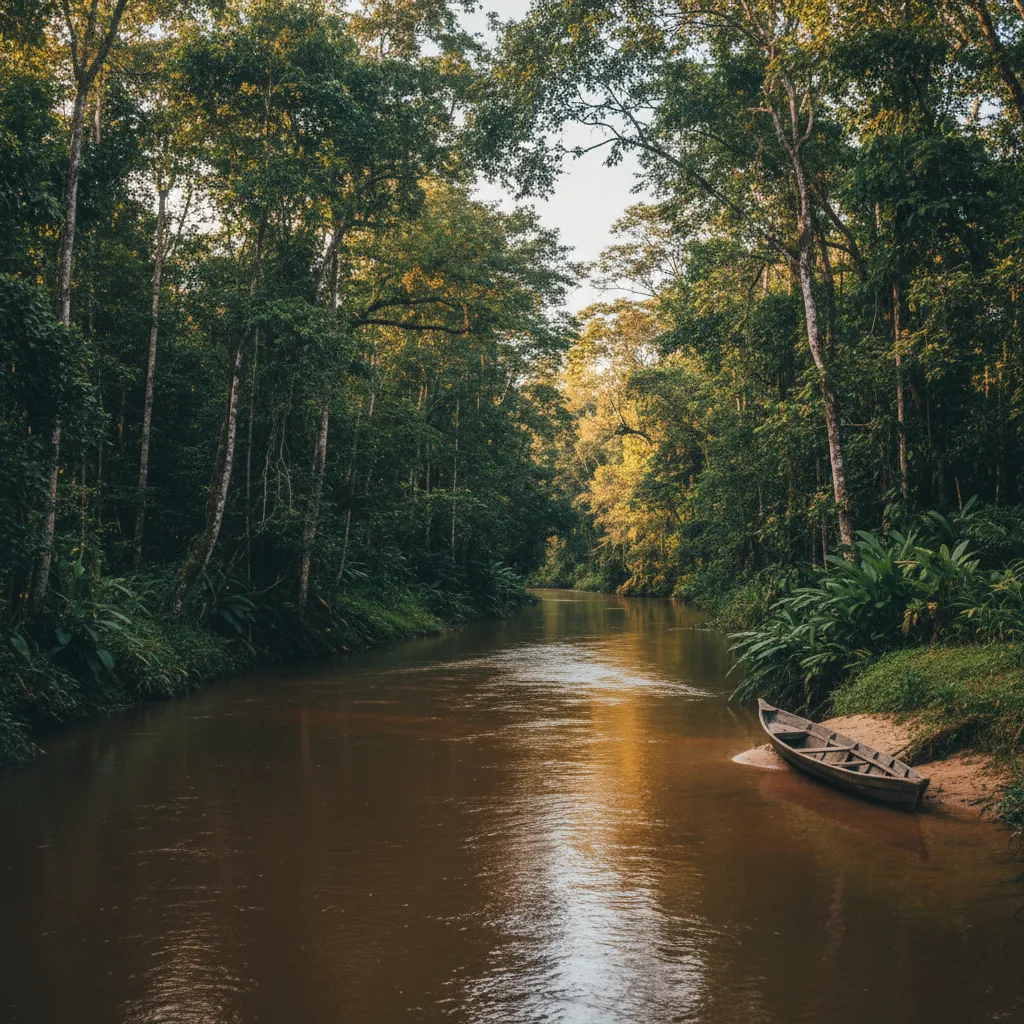 Clear Amazon foothill river in Bolivia with a guide poling a dugout canoe