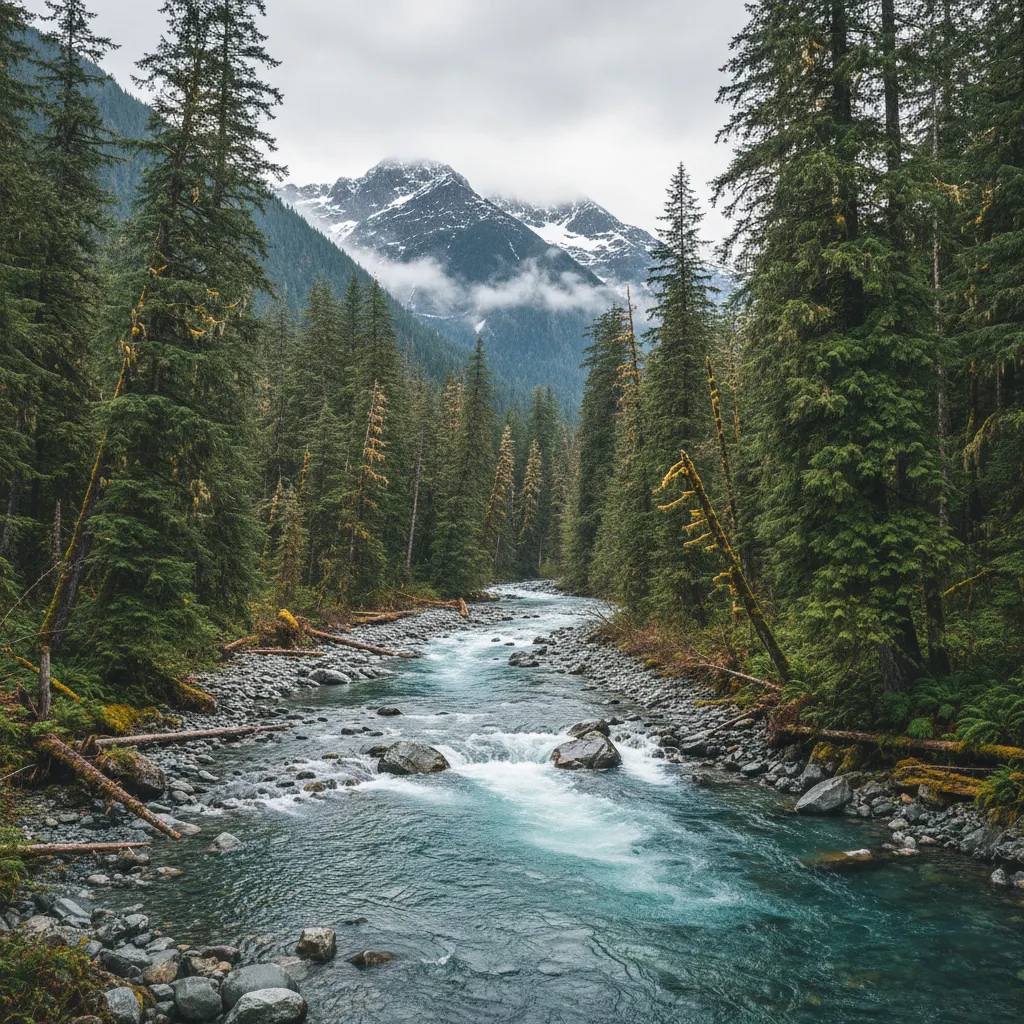 British Columbia steelhead river cutting through coastal rainforest