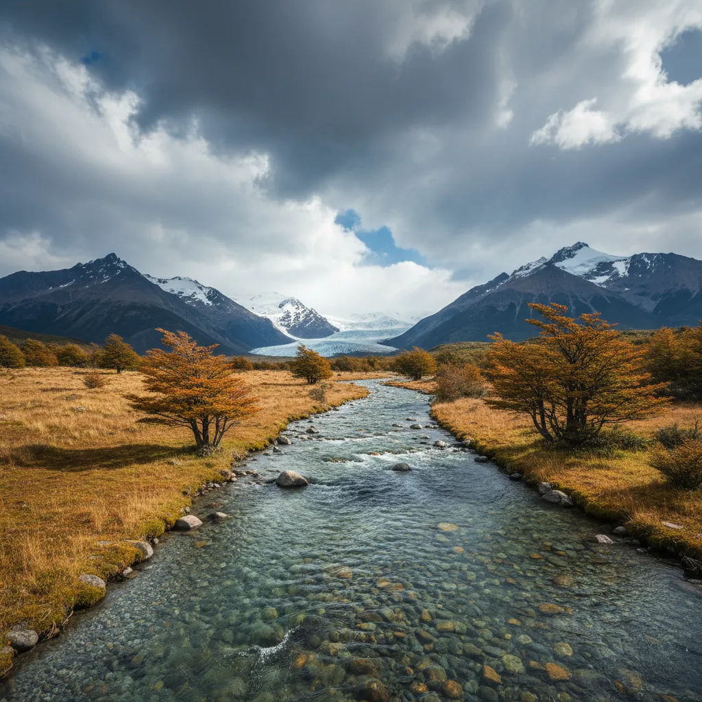 Wild river in Chilean Patagonia with volcano and temperate rainforest