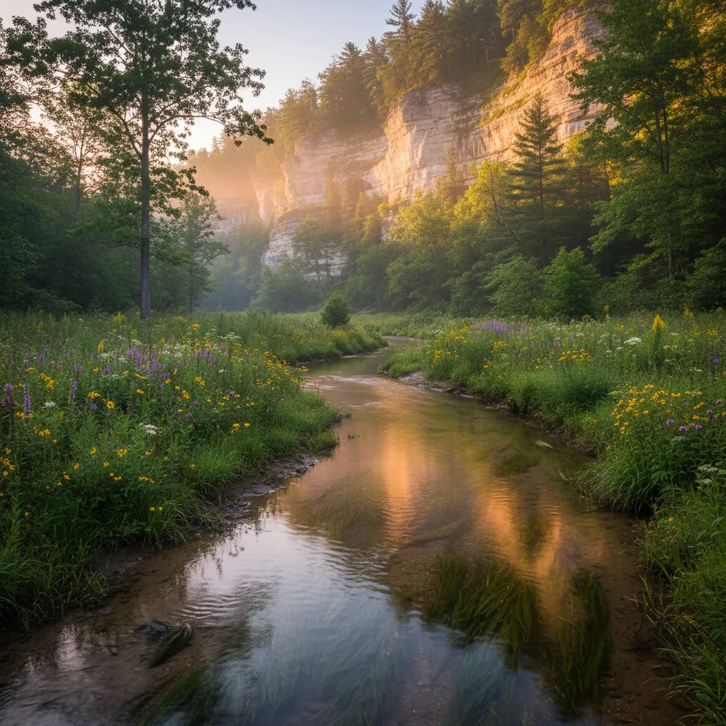 Spring creek winding through limestone bluffs in the Wisconsin Driftless Region