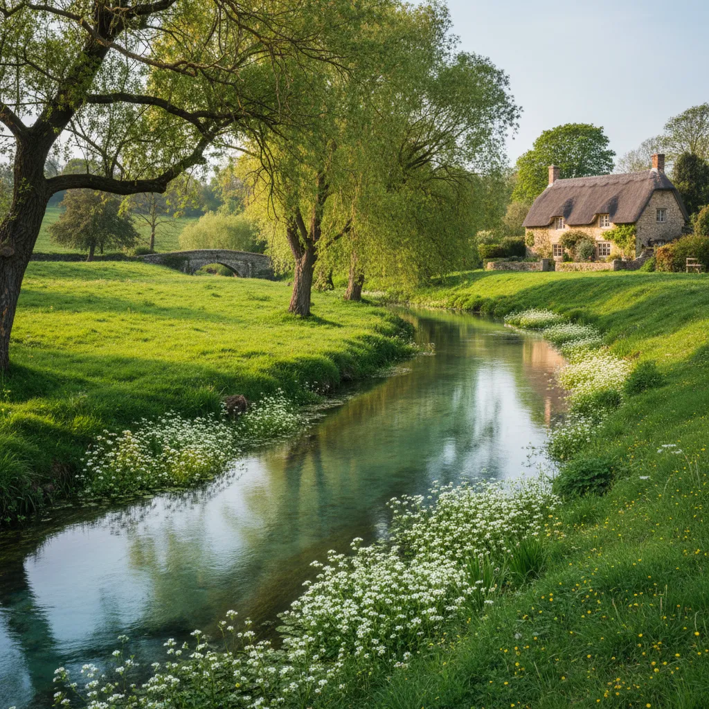 Pristine Hampshire chalk stream with thatched cottage and rising brown trout