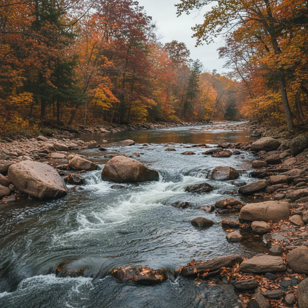 Fast-flowing Great Lakes tributary river in autumn with steelhead in the current