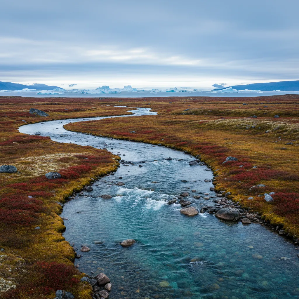Arctic tundra river in Greenland with icebergs visible in the fjord beyond