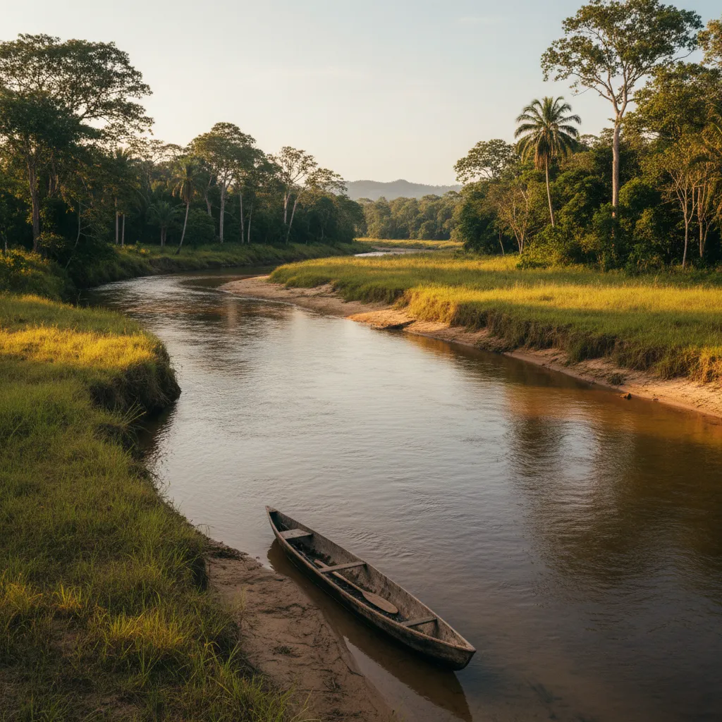 Clear Rupununi savannah river in Guyana with tepui mountains on the horizon