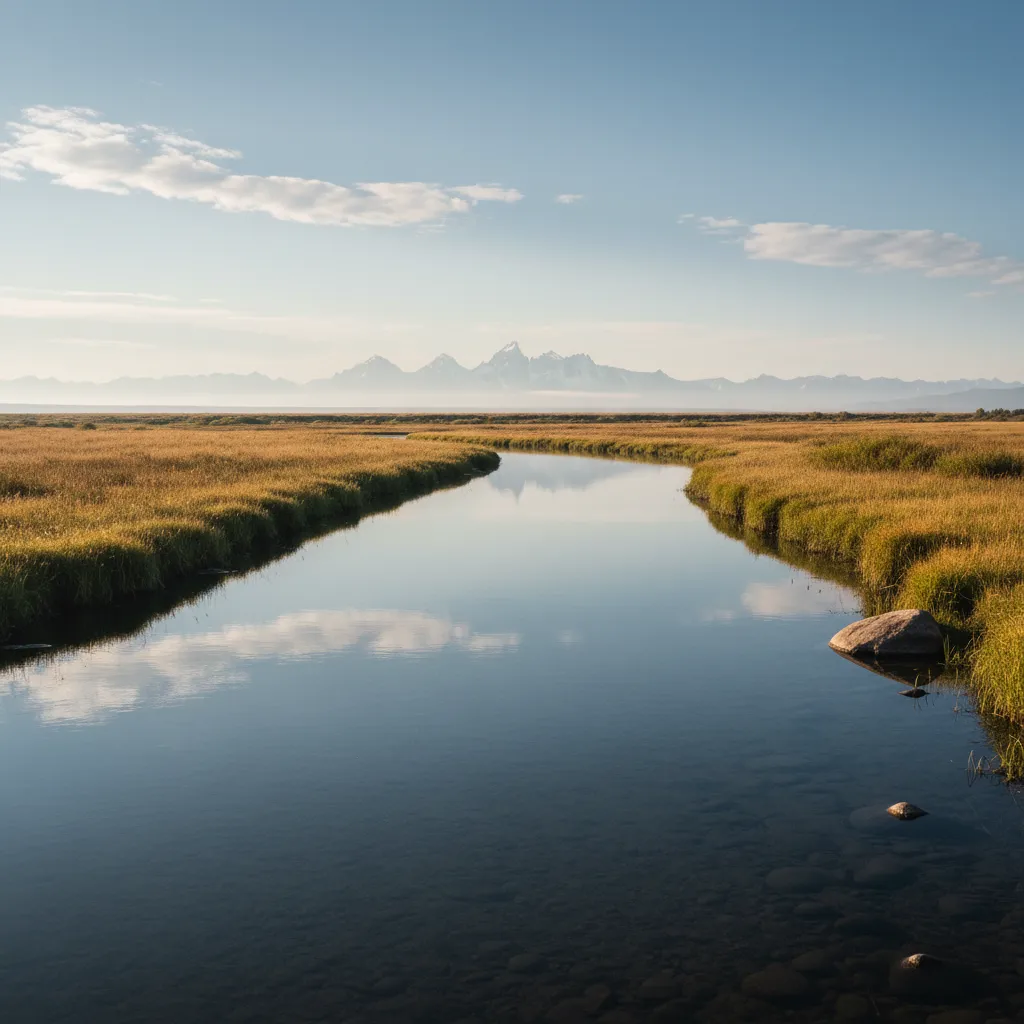 Mirror-flat Henry's Fork with rising trout dimpling the surface at dusk