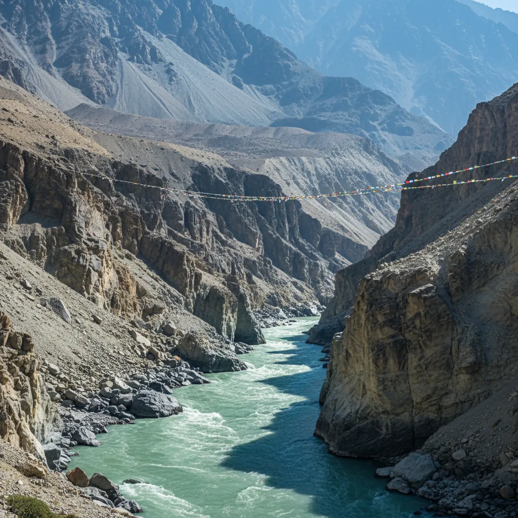 Clear Himalayan river in northeast India with forested foothills in the background