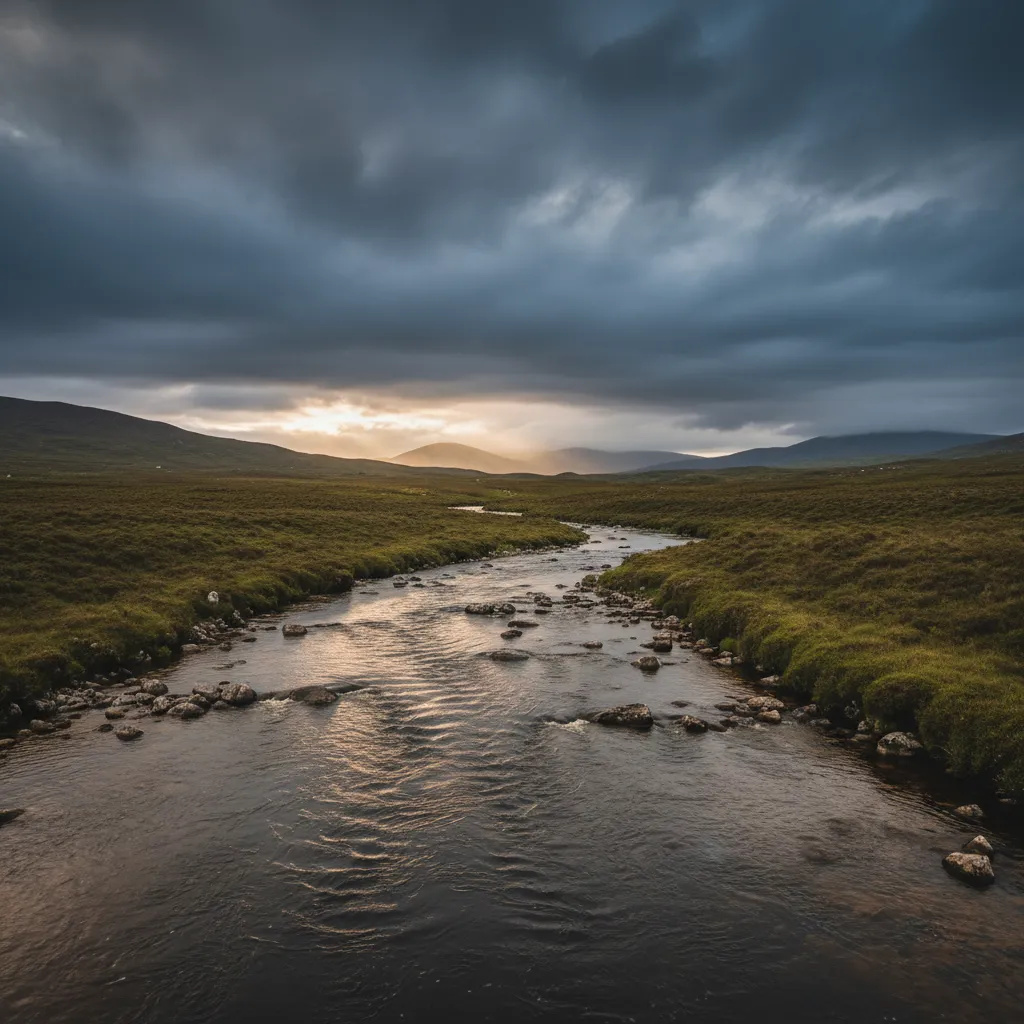 Angler fishing a Connemara spate river for sea trout in fading evening light