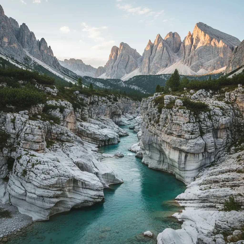 Clear Alpine river beneath Dolomite rock towers with an angler wading