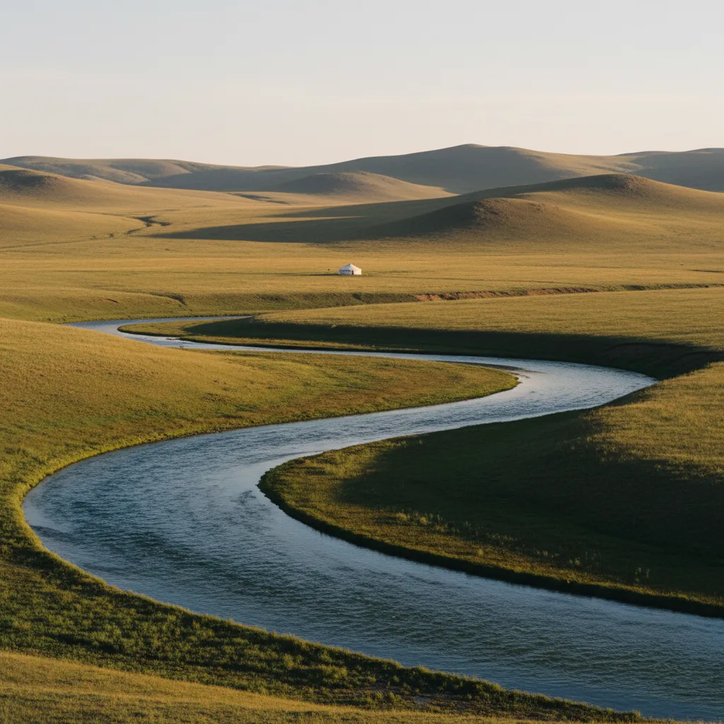 Braided Mongolian river in the taiga steppe with horses and a traditional ger camp