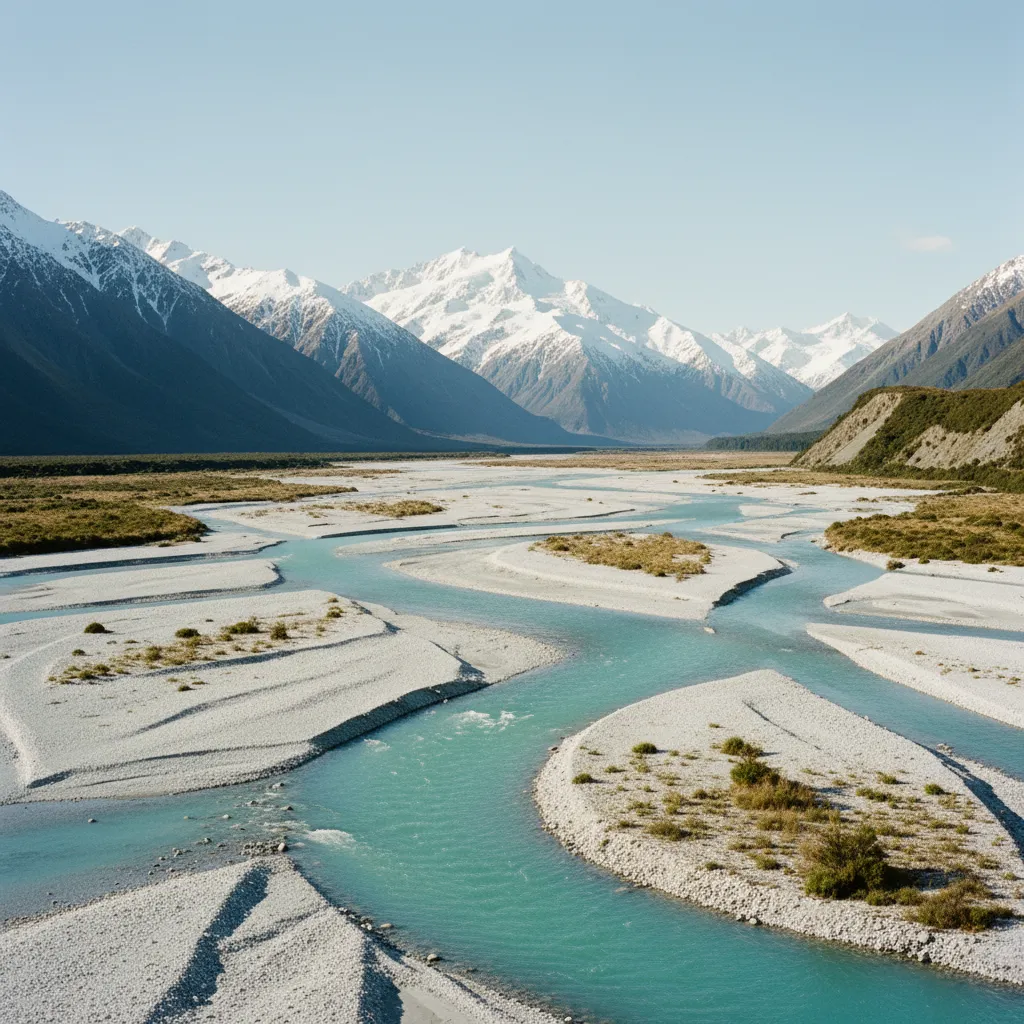 Crystal-clear New Zealand river in a Southern Alps valley with an angler sight-fishing
