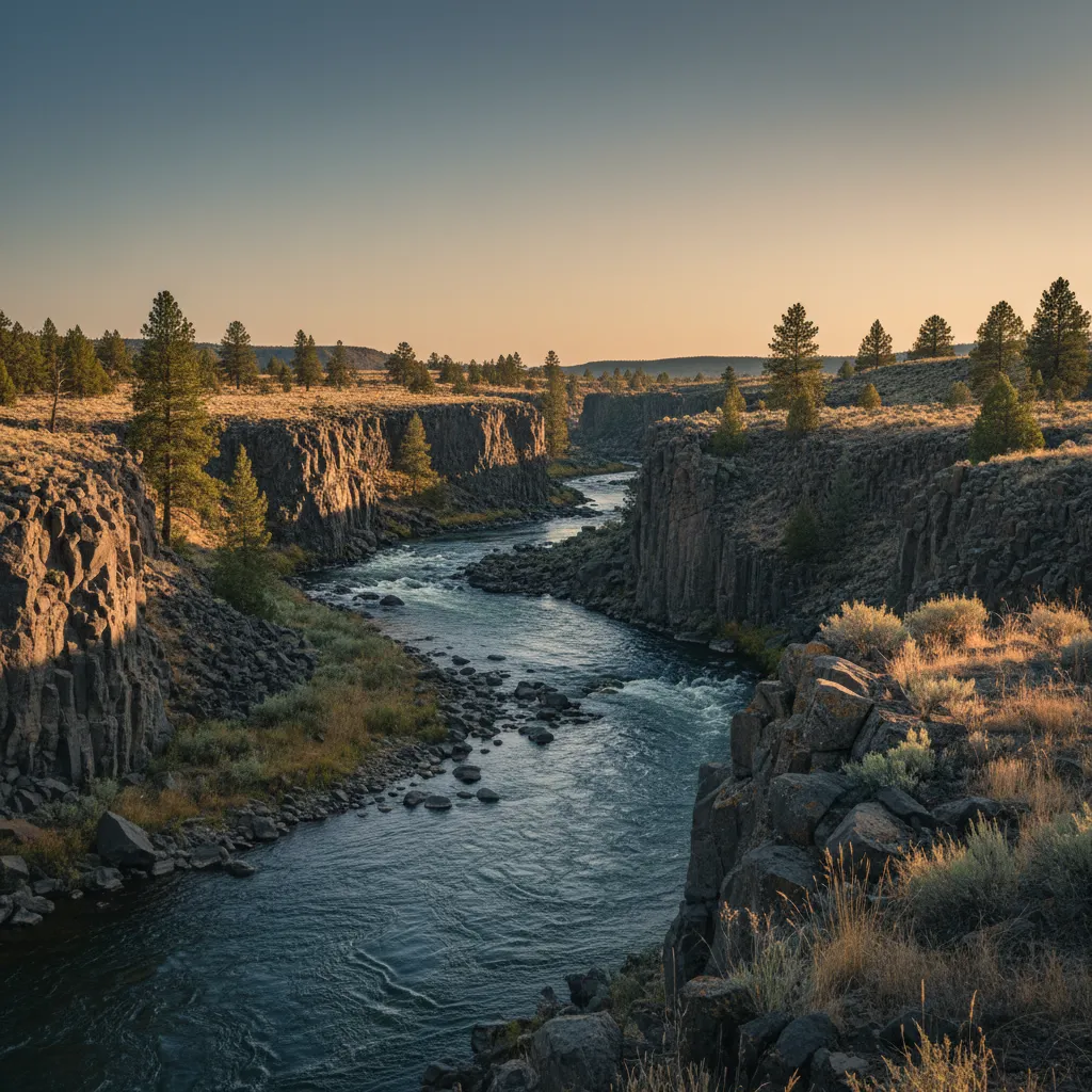 Fast basalt canyon run on the Deschutes River with a guide swinging for steelhead