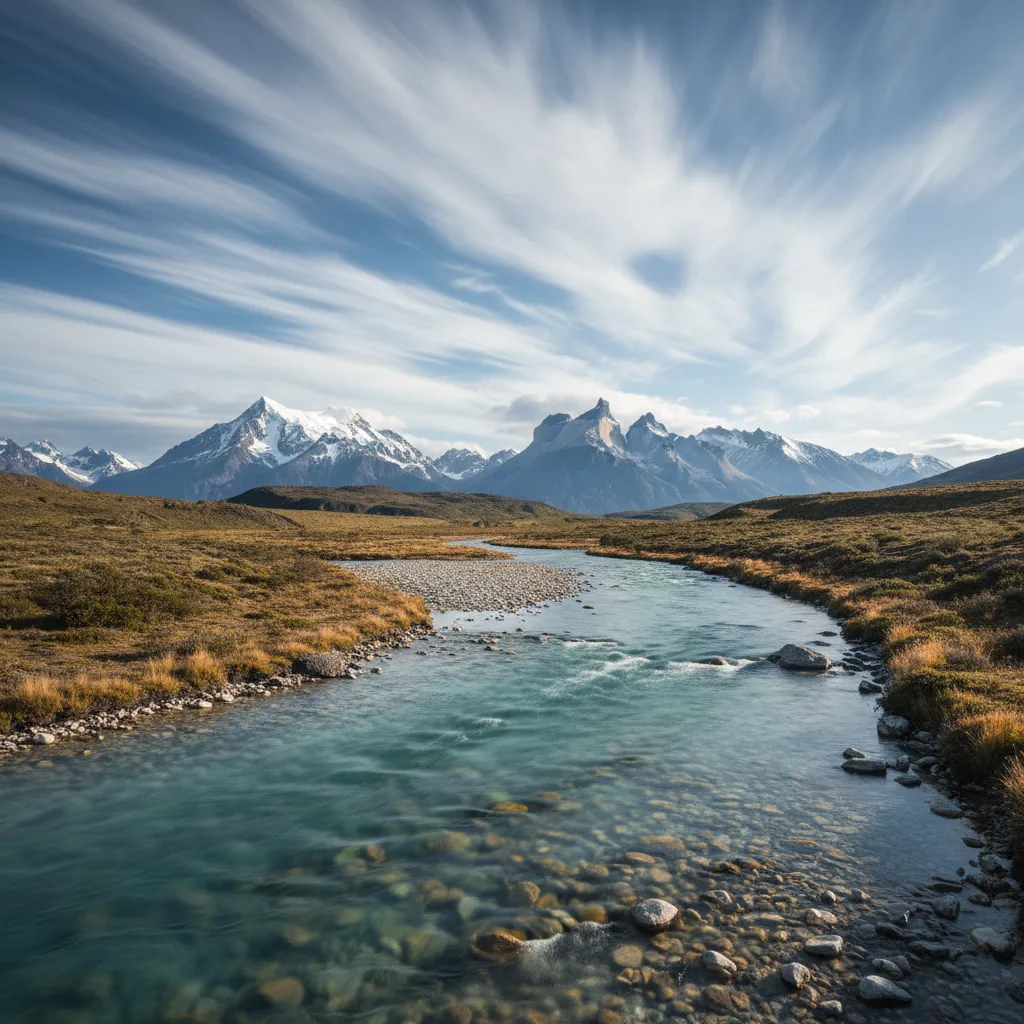 Angler casting in a clear Patagonian river with Andean peaks behind