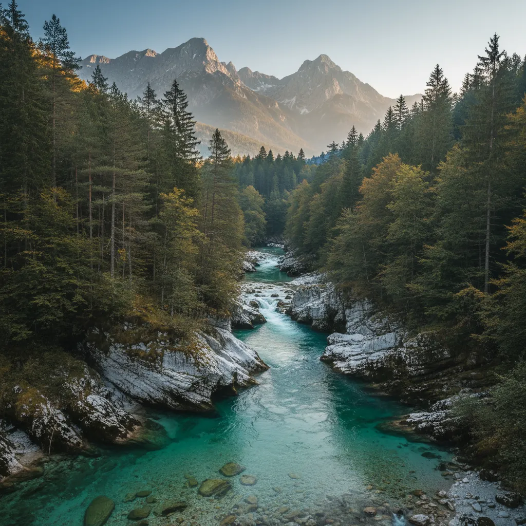 The turquoise Soča River flowing through a limestone gorge in Slovenia