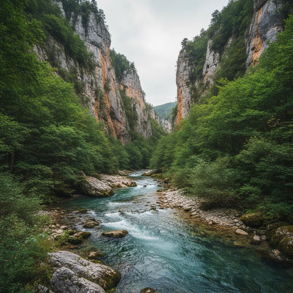 Clear Cantabrian mountain river in northern Spain with oak forest