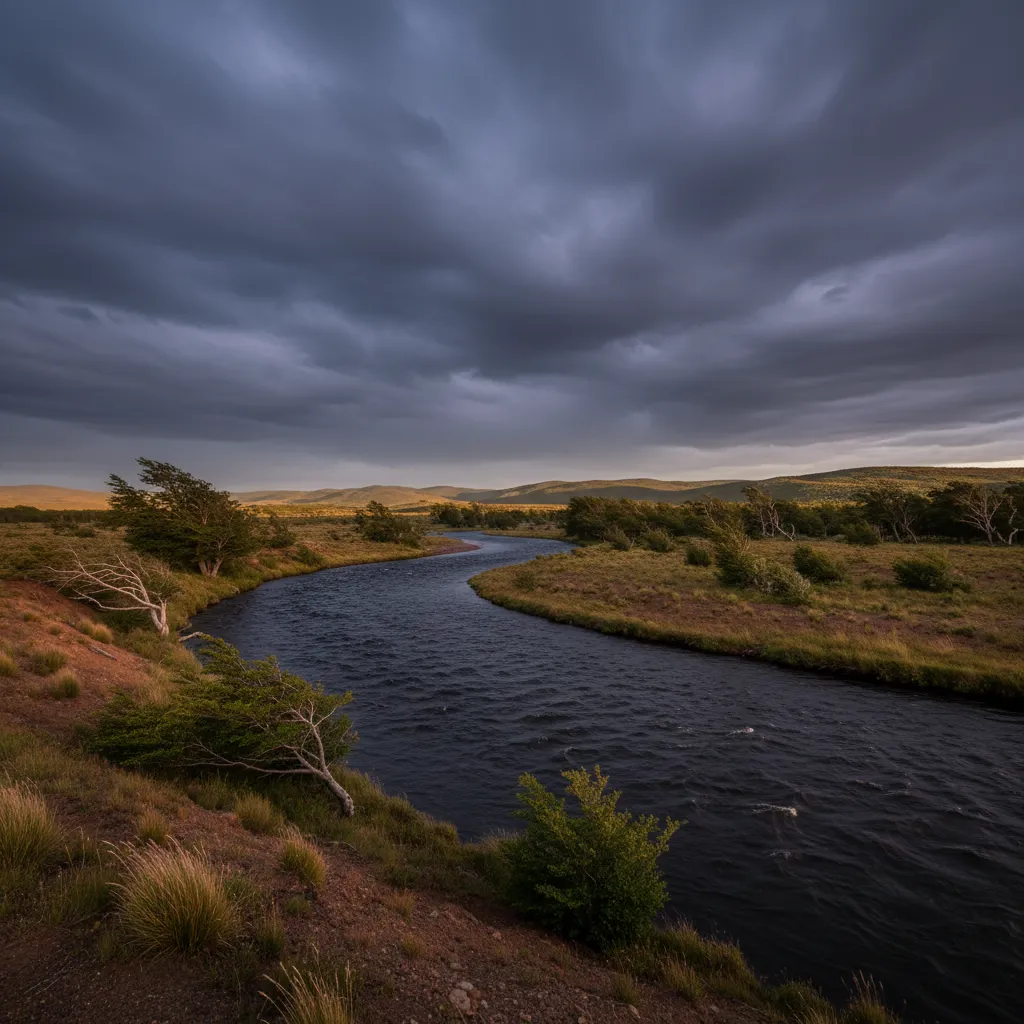 Angler fighting a large sea trout on the Rio Grande in Tierra del Fuego at dusk