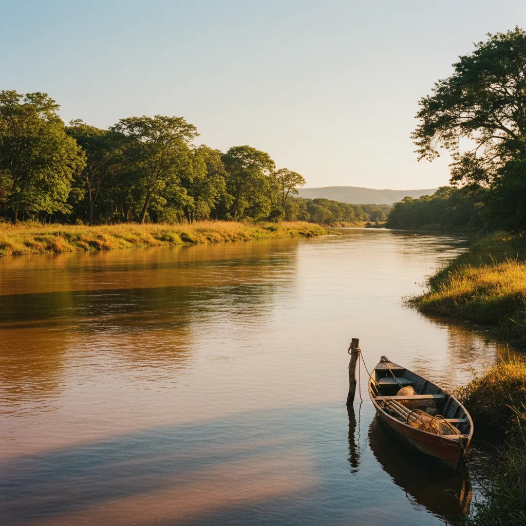 Clear Uruguayan river in araucaria grassland with an angler casting for dorado