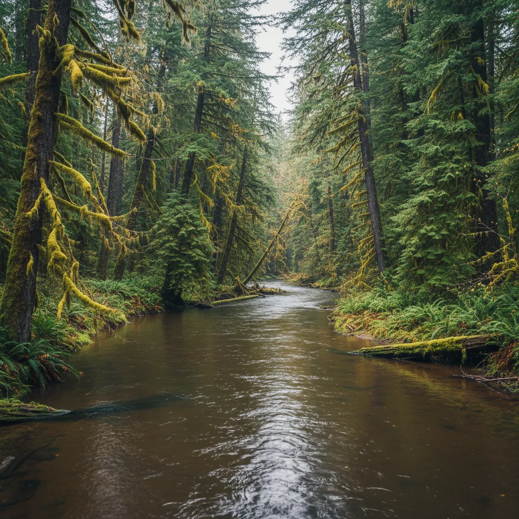 Old-growth rainforest river on the Olympic Peninsula in winter steelhead season
