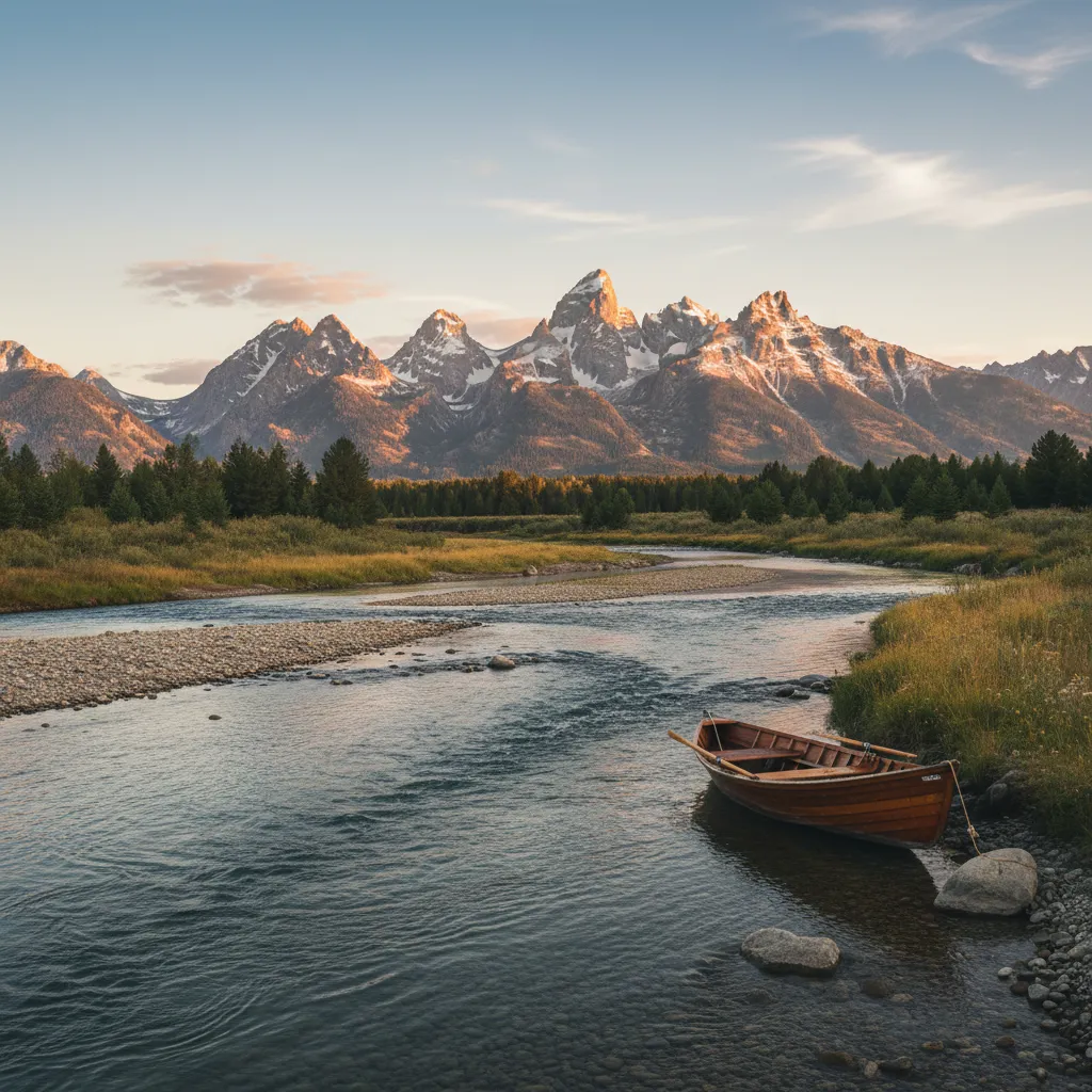 Drift boat on Wyoming's Snake River with the Grand Teton peaks in the background
