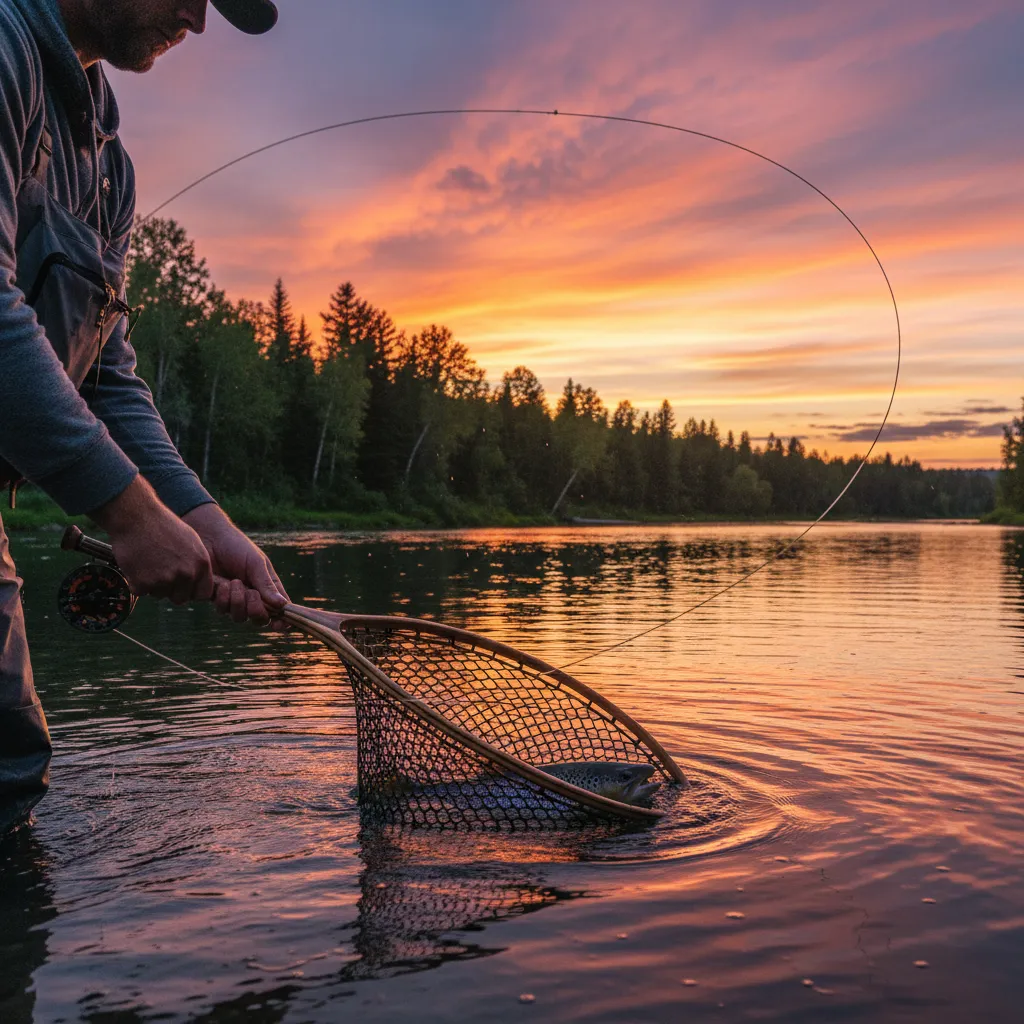 Guide netting a wild brown trout at sunset on a Driftless spring creek