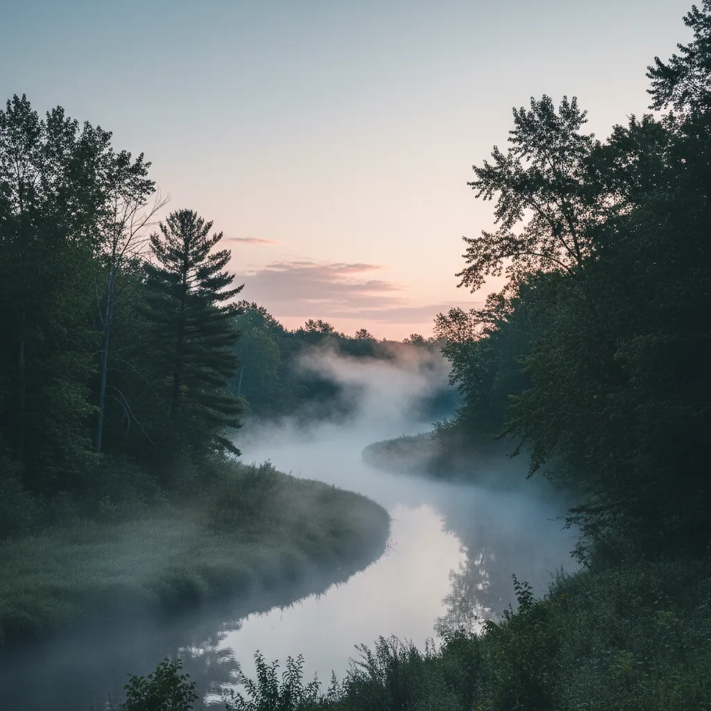 Morning mist rising from the Kickapoo River in the Wisconsin Driftless Region