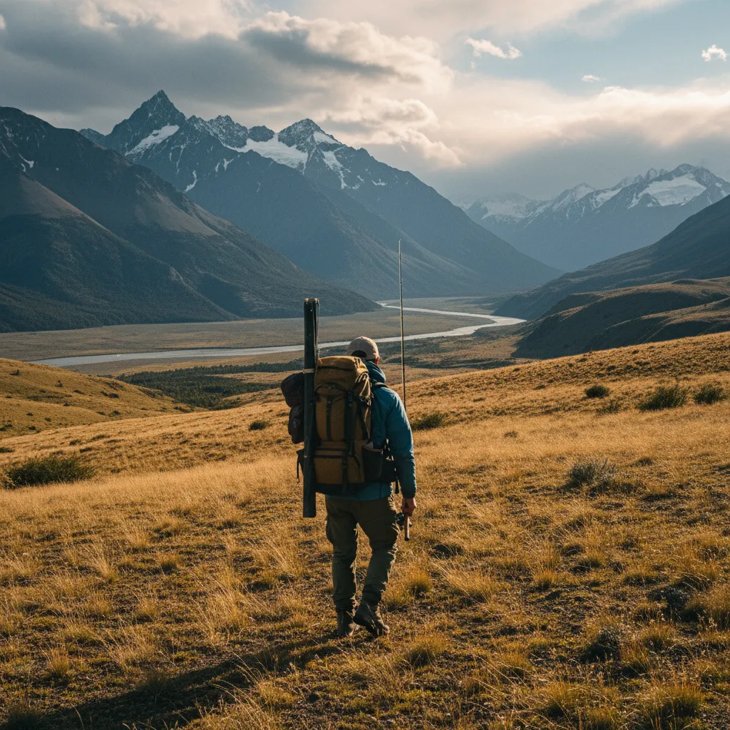 Angler hiking into Patagonia backcountry with fly rod and pack, mountains ahead