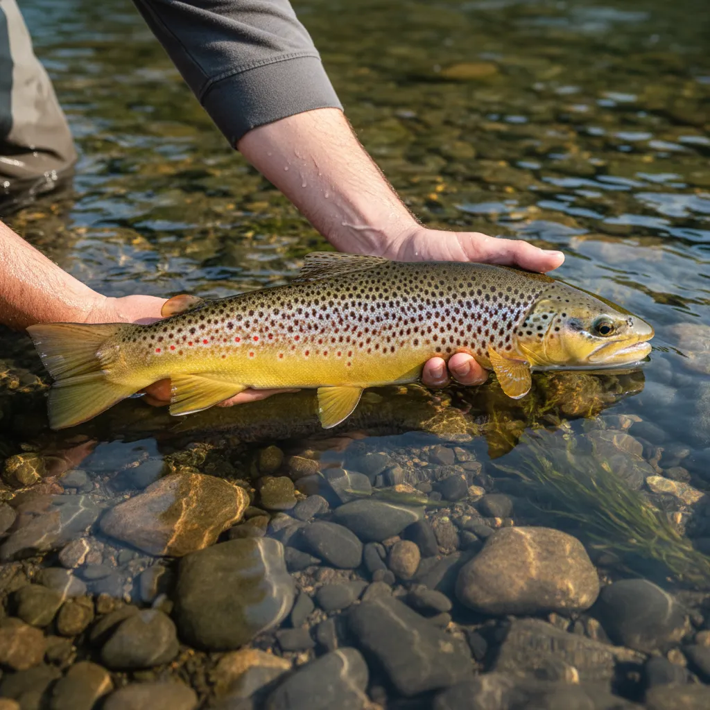 Wild brown trout held in crystal-clear Driftless spring creek water before release