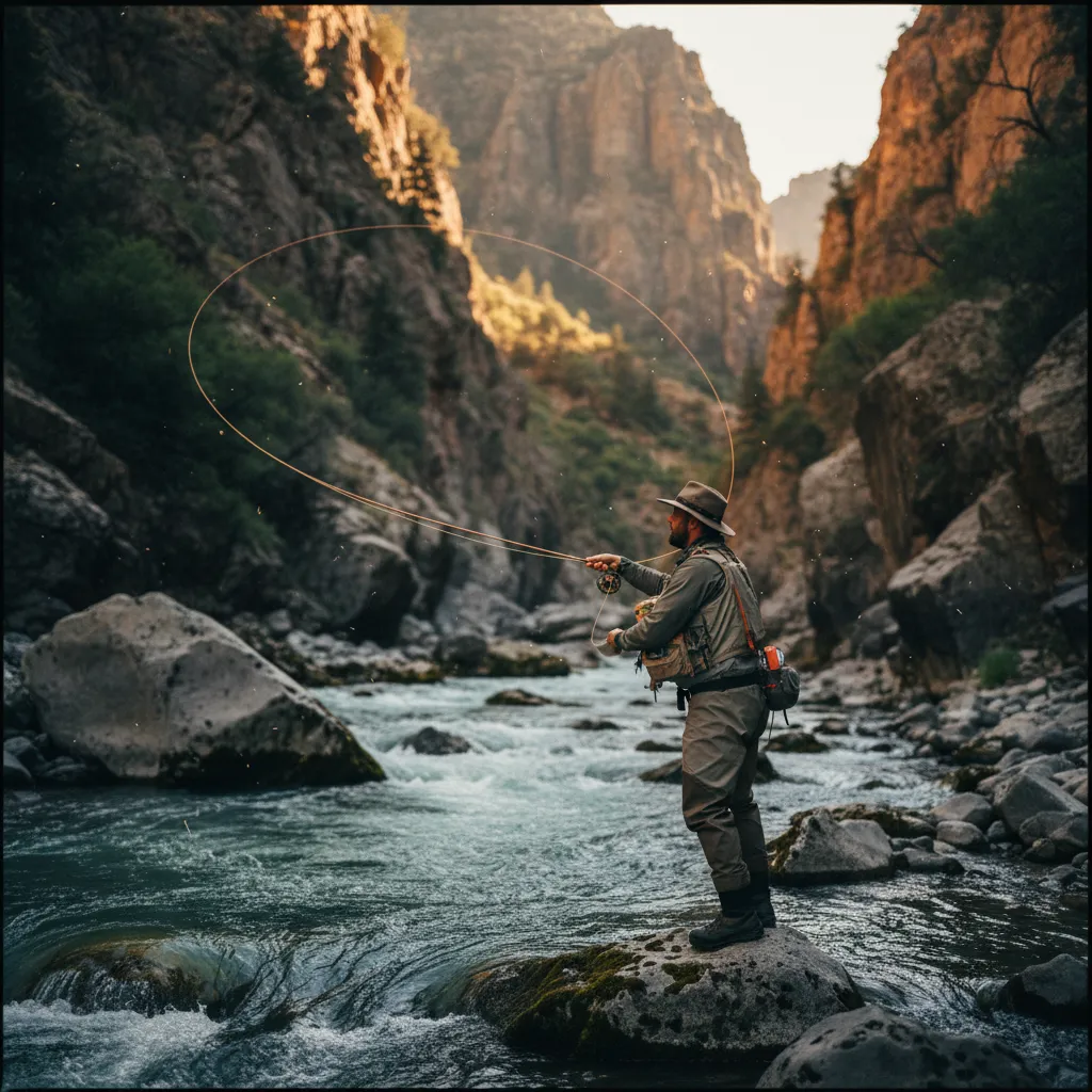 Guide making a long cast in a Montana limestone canyon river