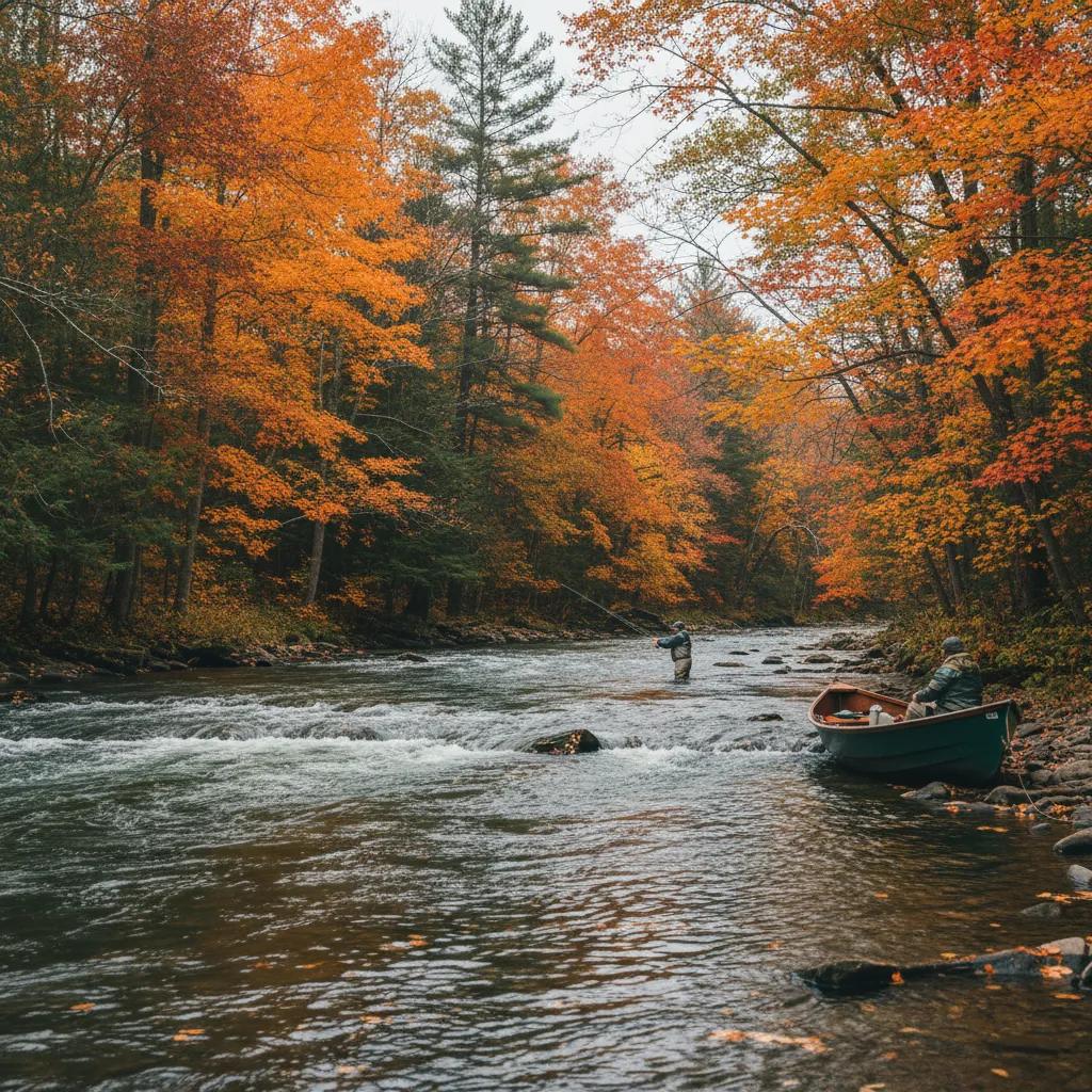 Ice-cold steelhead run in October — angler wading a Great Lakes tributary