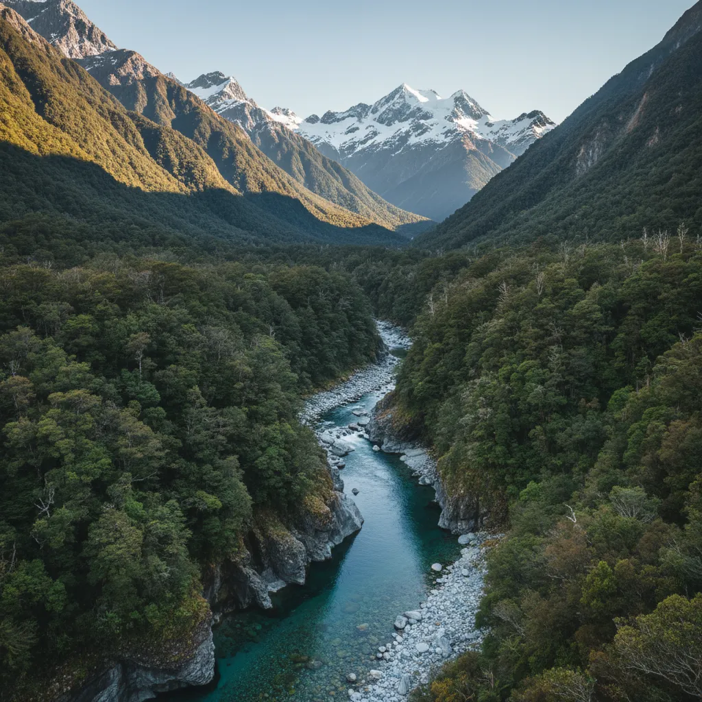 Crystal-clear New Zealand South Island river with Southern Alps in the distance