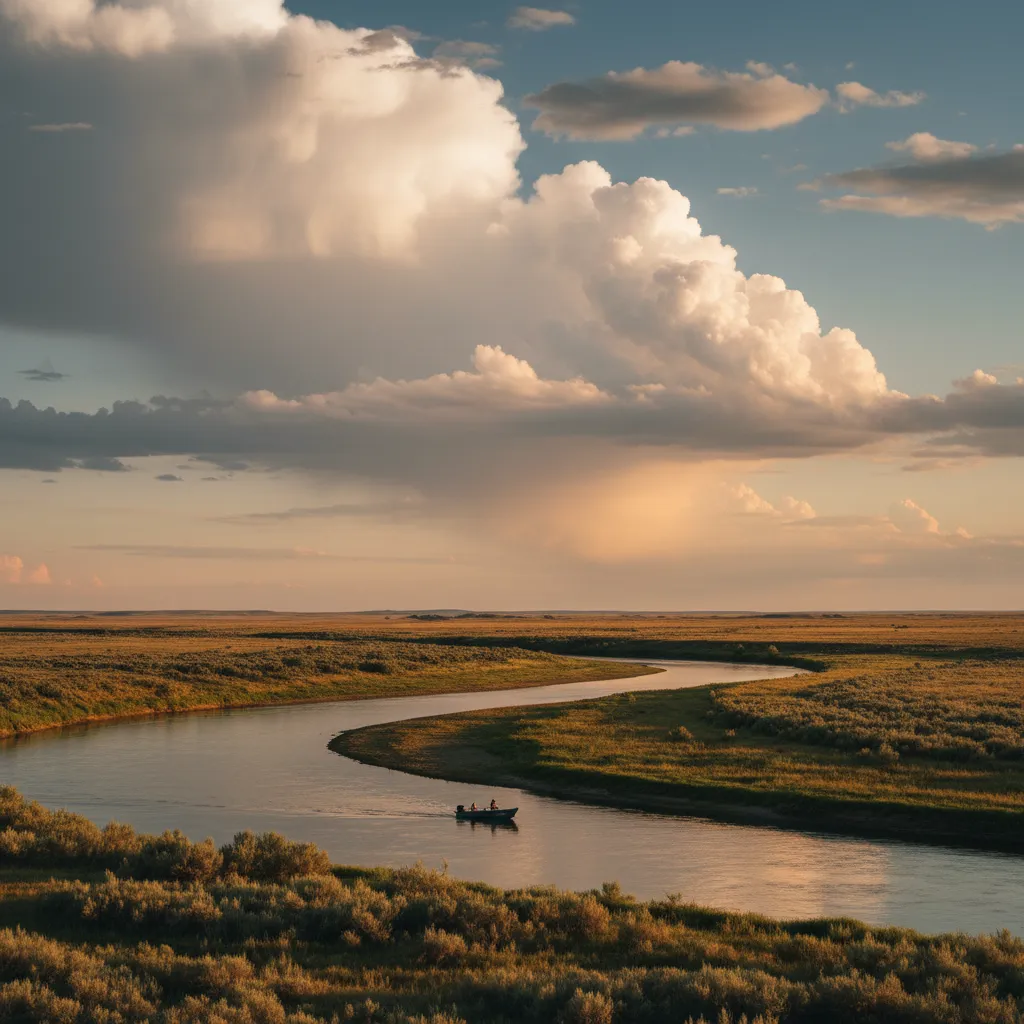 Wide-angle view of drift boat floating through a Montana canyon beneath towering walls
