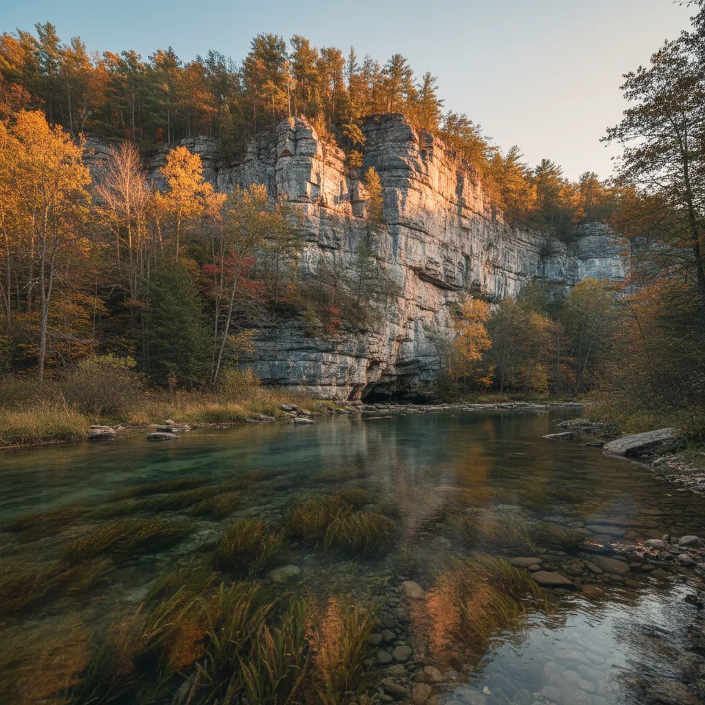 Spring creek winding beneath limestone bluffs in the Wisconsin Driftless Region