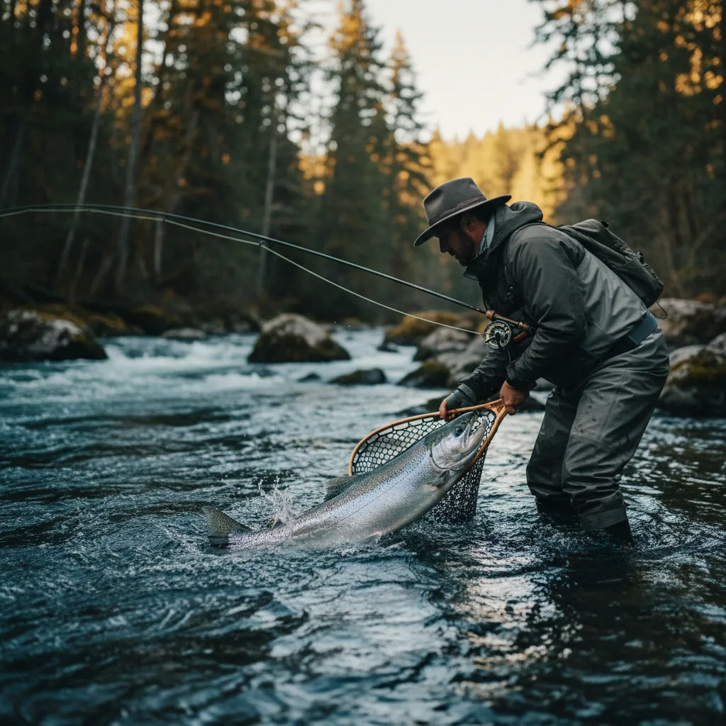 Angler fighting a chrome-bright steelhead in a turbulent Great Lakes tributary
