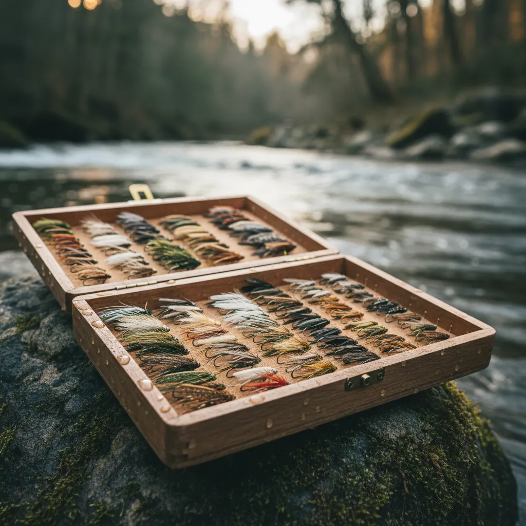 Open fly box with assorted dry flies resting on a mossy river rock