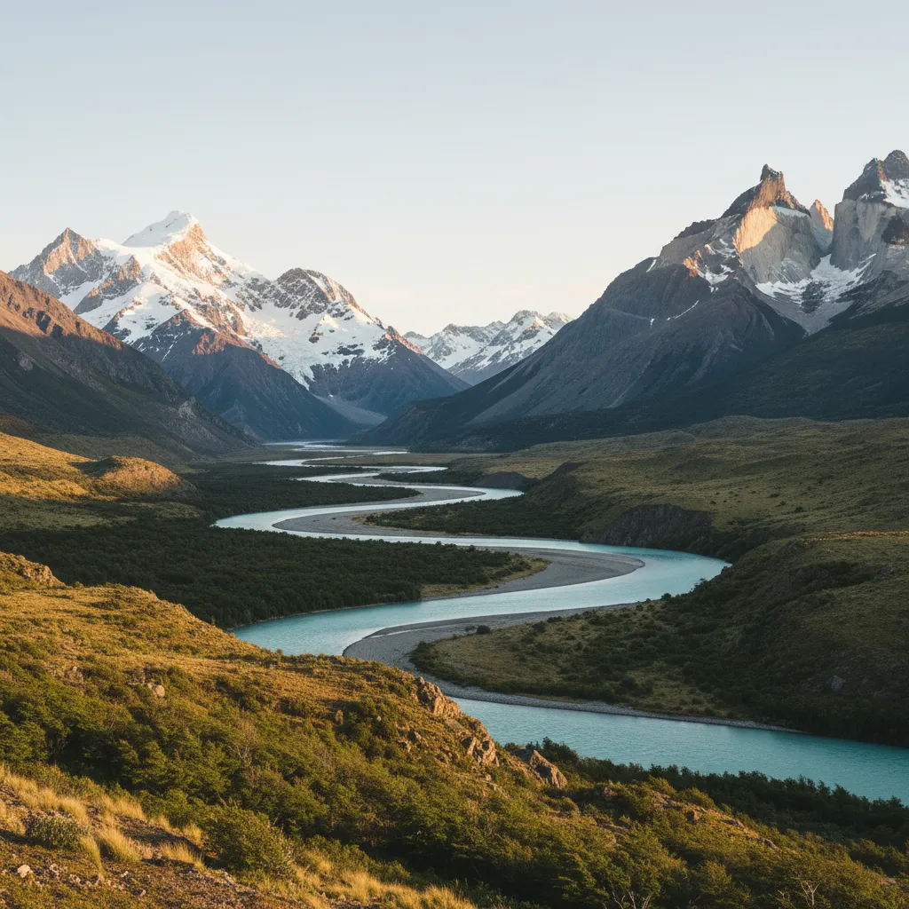Angler sight-casting to rising trout in a clear Patagonian river at golden hour