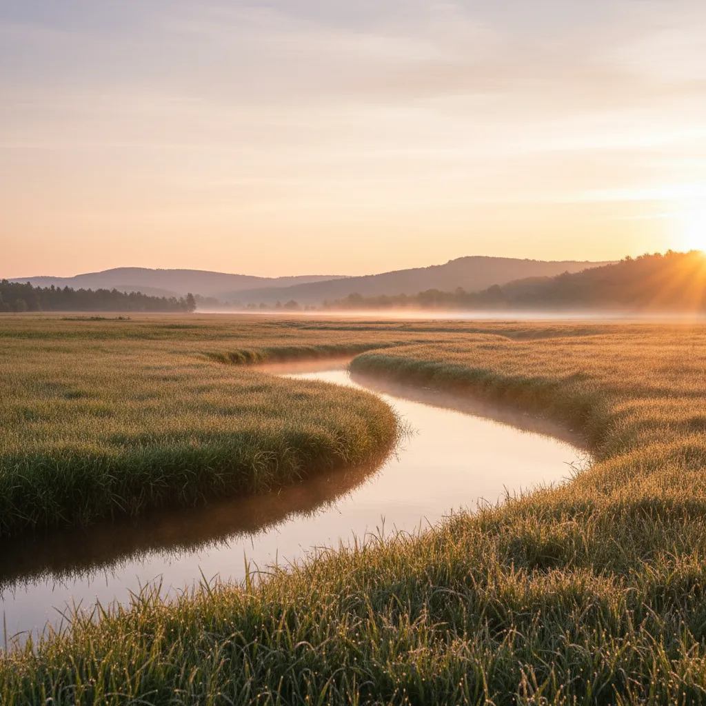 Guide walking through a dewy meadow toward a spring creek at sunrise