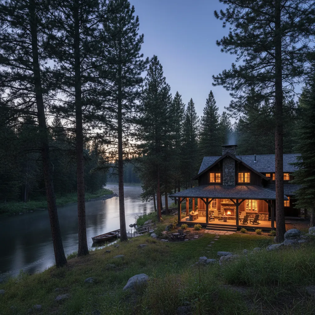 Lodge porch overlooking a river valley at dusk