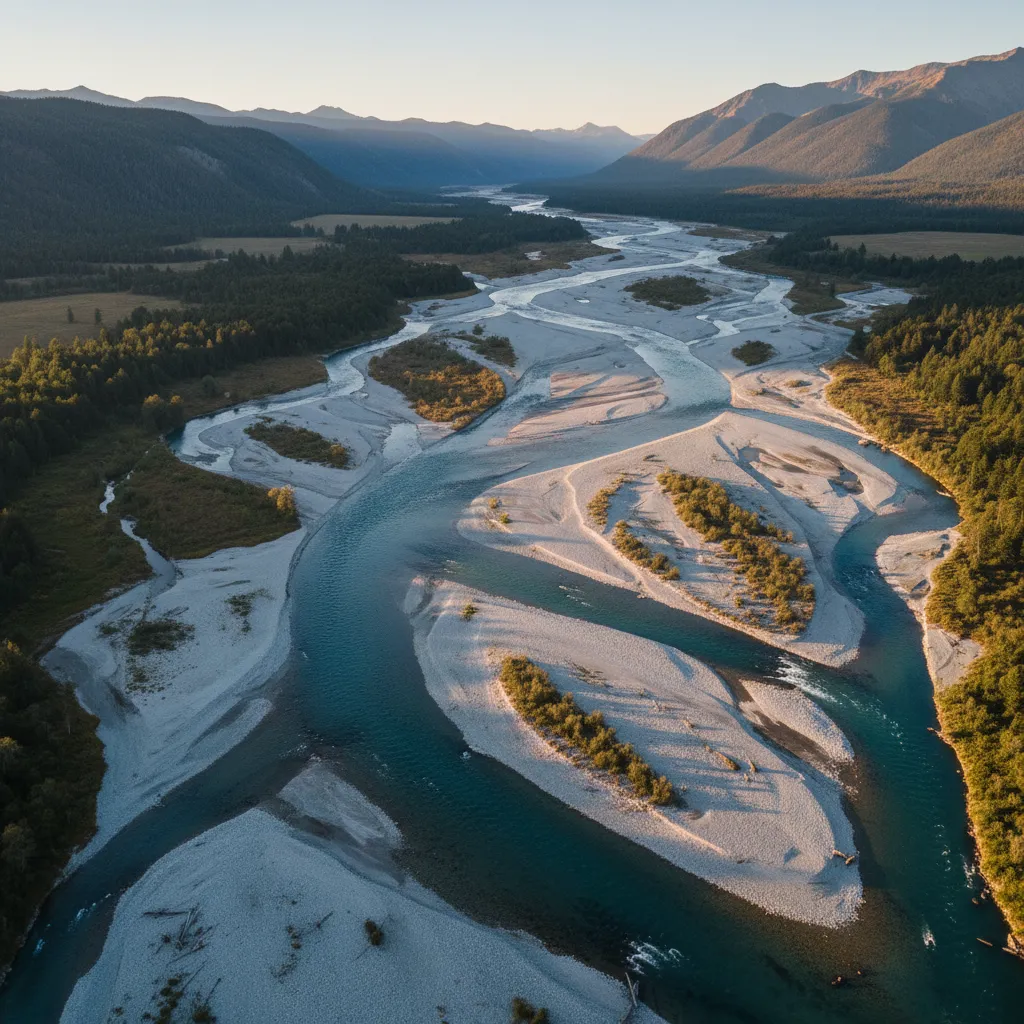 Aerial view of a braided river valley in wild country