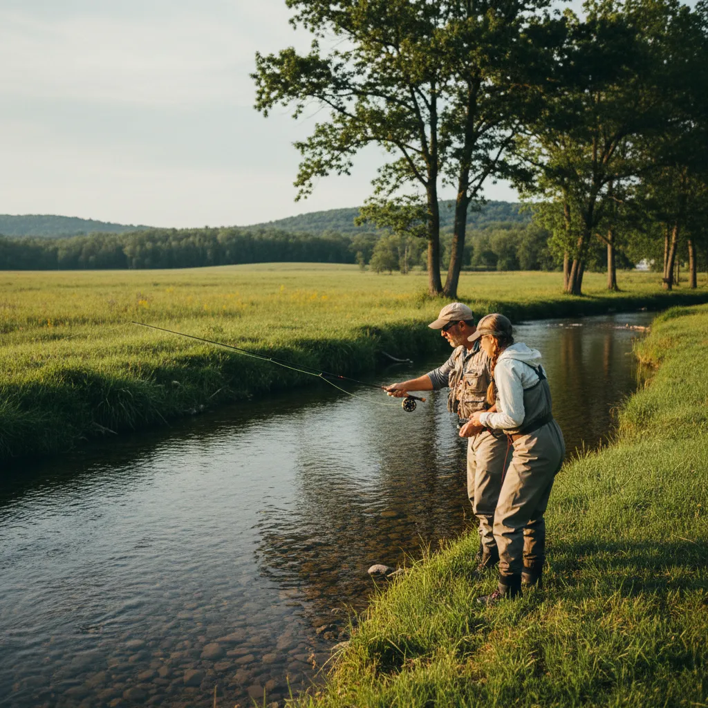 Guide and angler discussing the day's plan on the riverbank