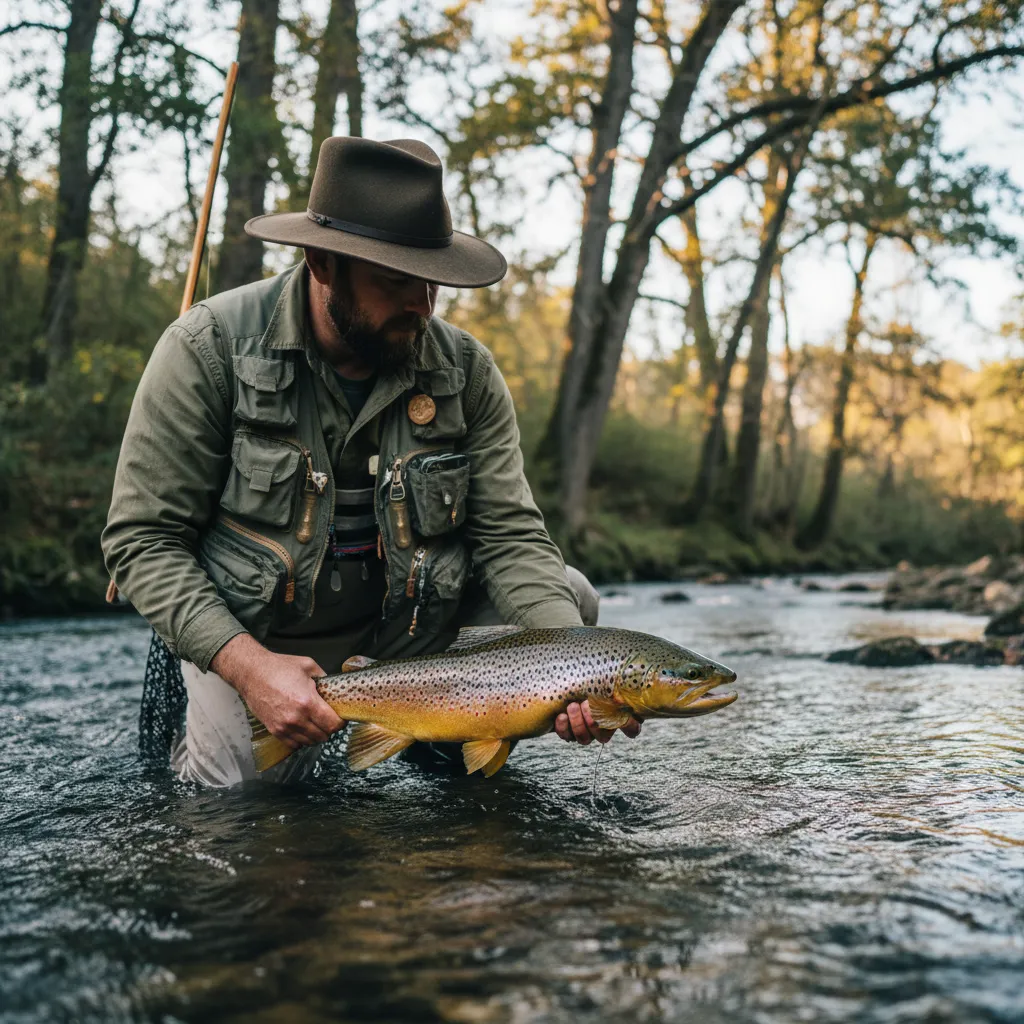 Close-up of a wild brown trout held in crystal-clear water before release