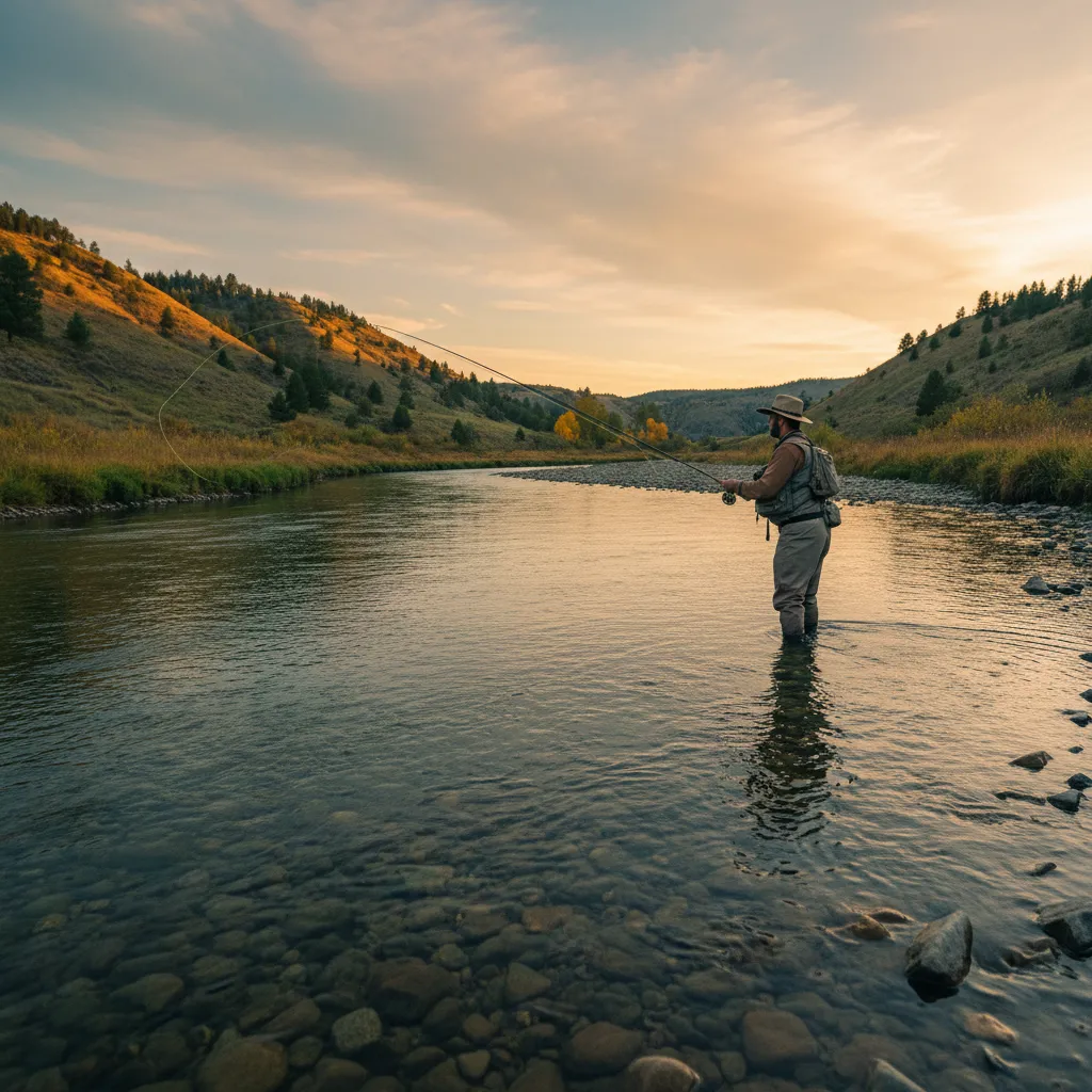 Golden hour light over a pristine fly fishing river