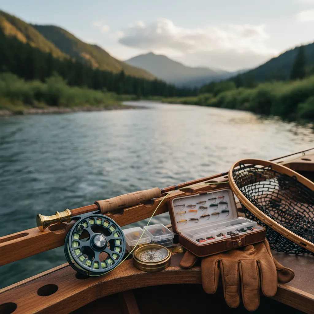 Gear laid out on a drift boat before a day on the water