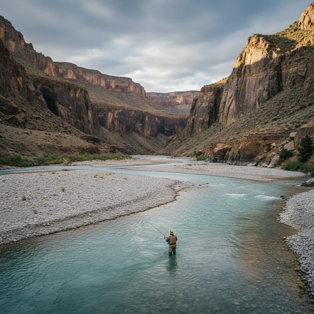 Angler making a long cast on a wide western river at golden hour