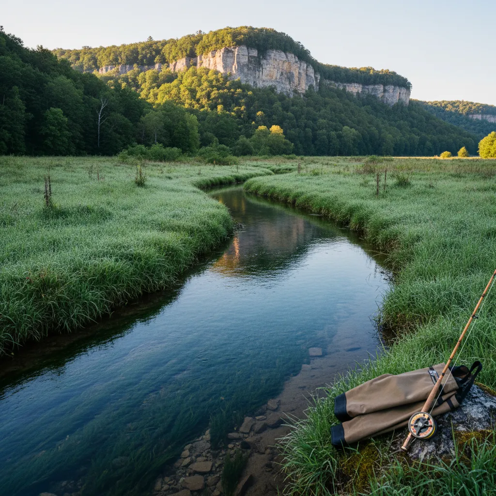 Angler wading a spring-fed limestone creek in the Wisconsin Driftless Region