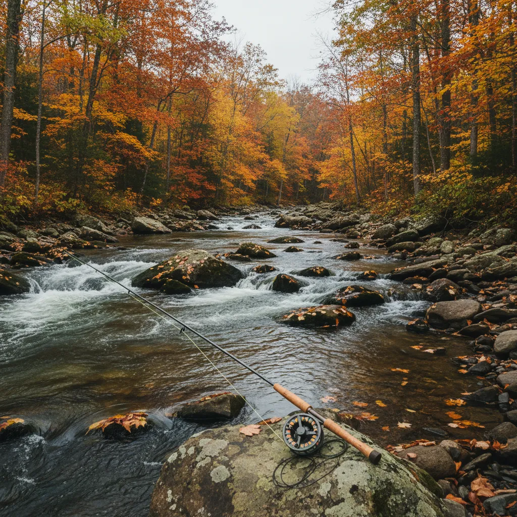 Steelhead river running through autumn forest with a guide wading