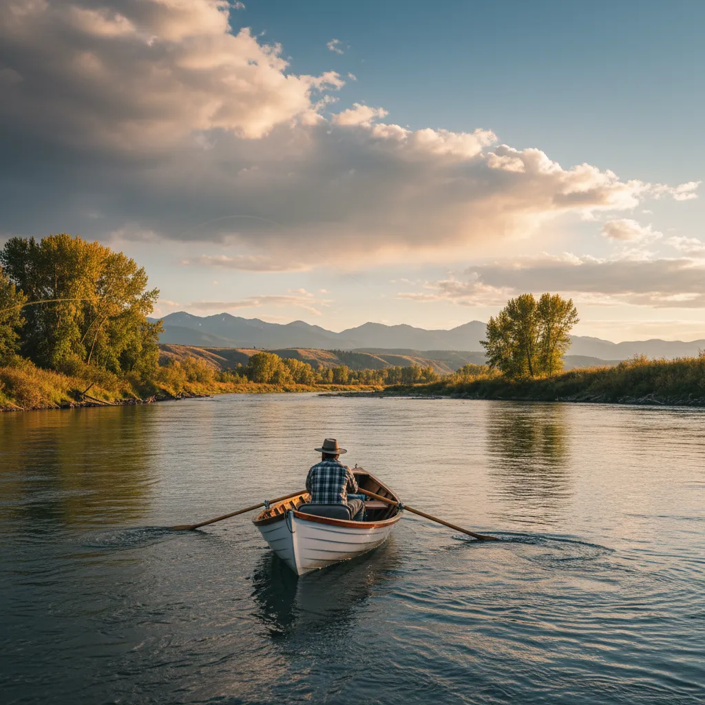 Drift boat on a wide Montana river beneath towering canyon walls