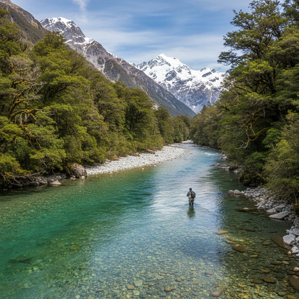 Crystal-clear river in a New Zealand mountain valley, Southern Alps in the background