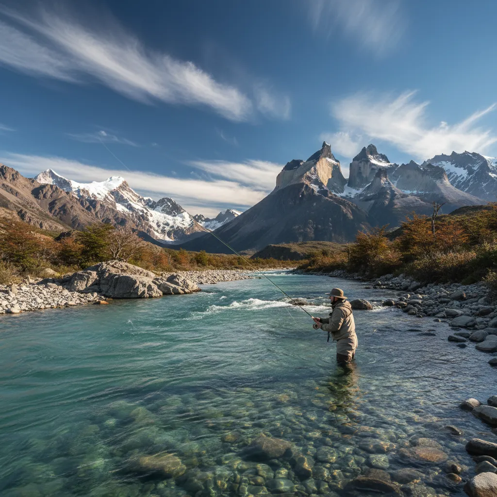 Angler hiking into Patagonia backcountry with rod in hand, mountains ahead